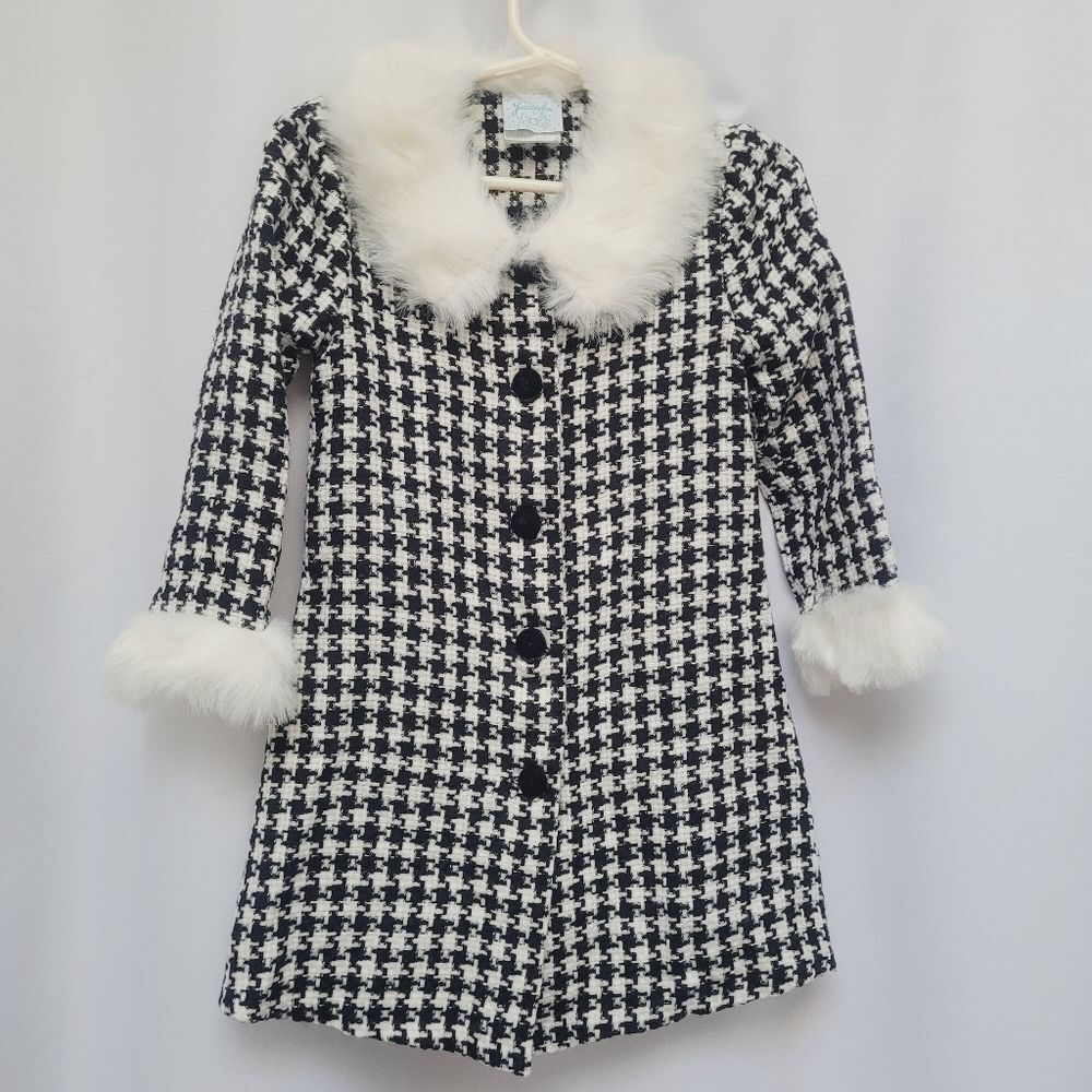 Jessica Ann Houndstooth Coat Faux Fur Collar Cuffs Lightweight Unlined Size 48M